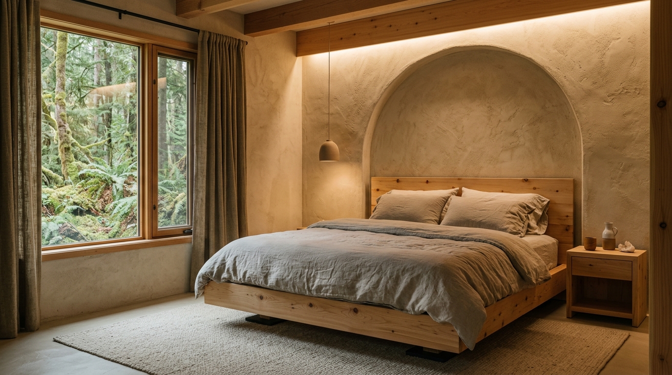 Baubiologische Schlafraum-Architektur: Entkoppeltes Zirbenbett und Kalk-Lehm